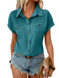 Teal short sleeve button up blouse for women with pleated chest and collar detailing and short sleeve length design