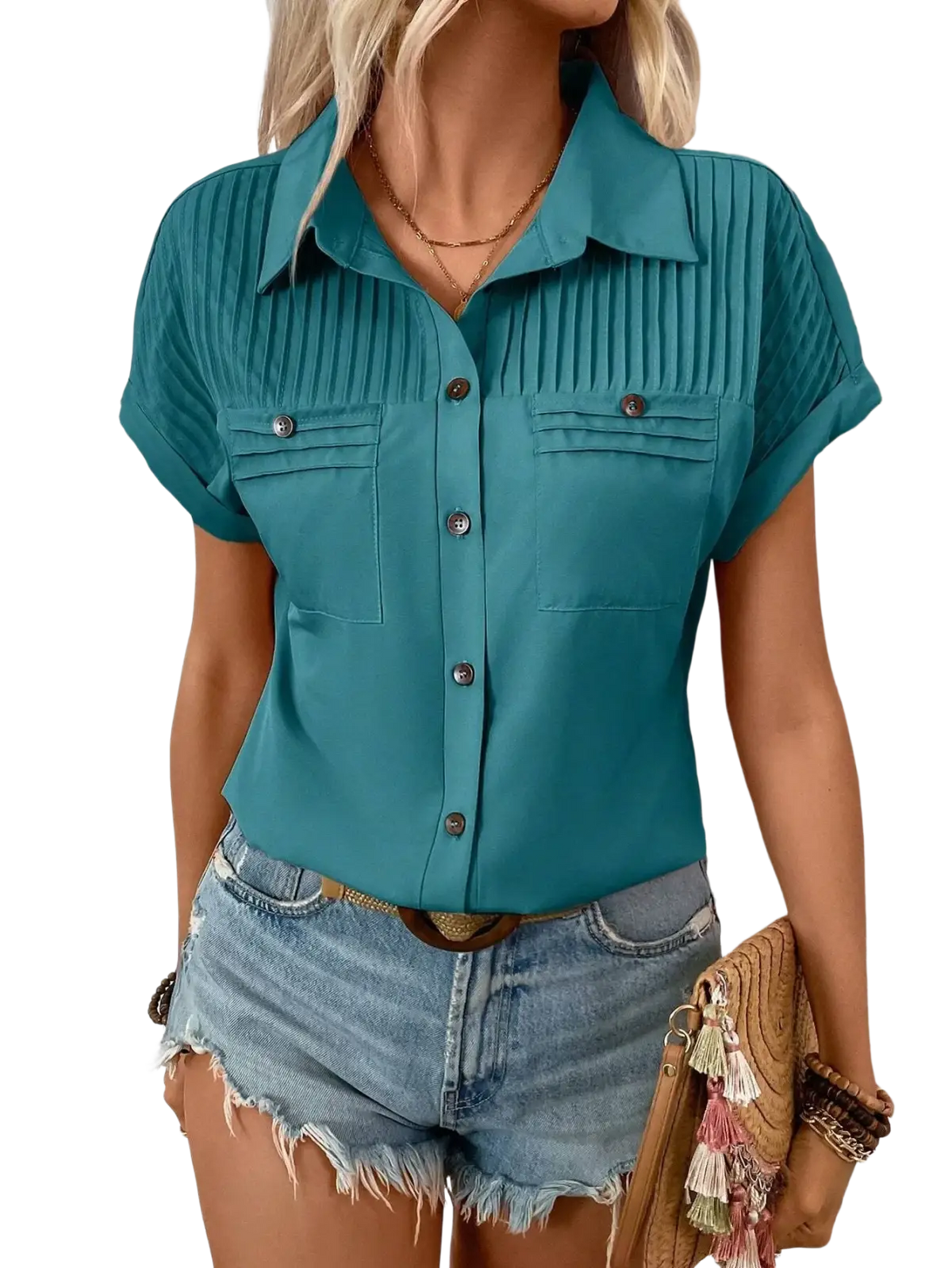 Teal short sleeve button up blouse for women with pleated chest and collar detailing and short sleeve length design