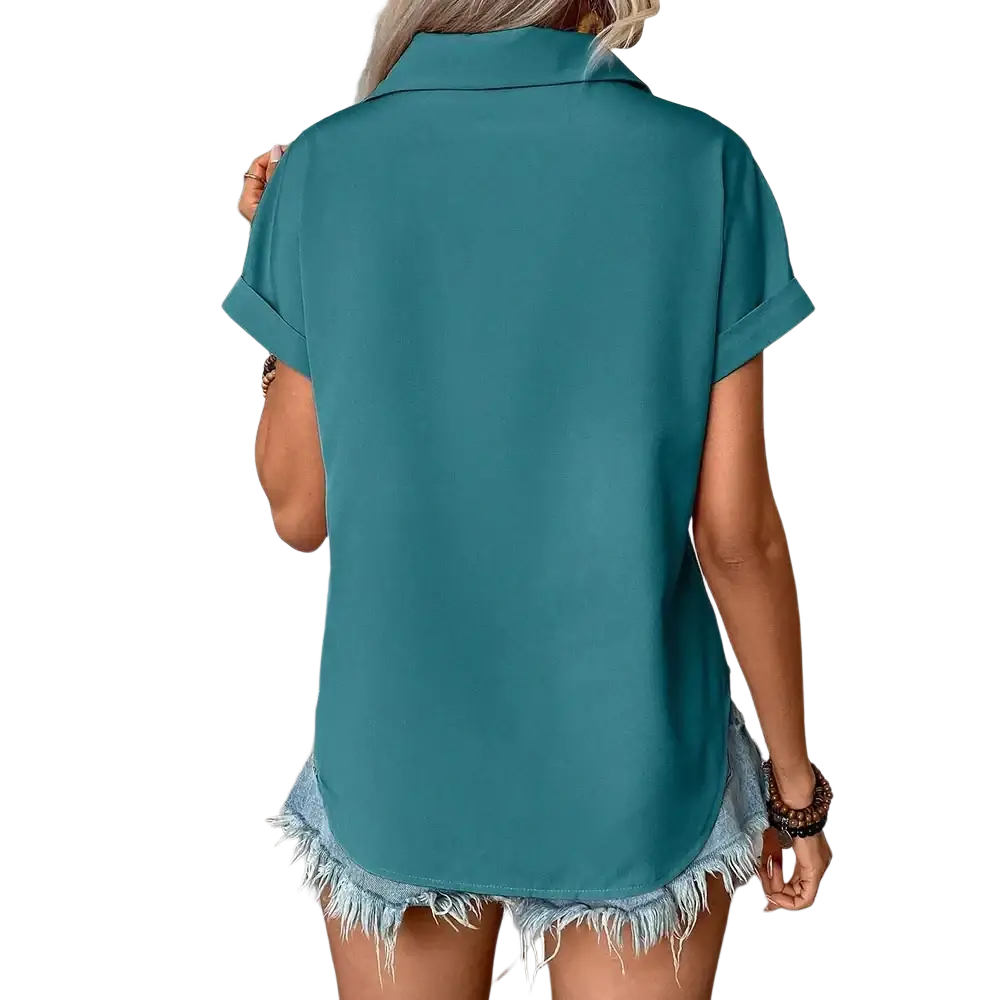 Teal short sleeve button up blouse for women with frayed hem and collar detailing in lightweight fabric