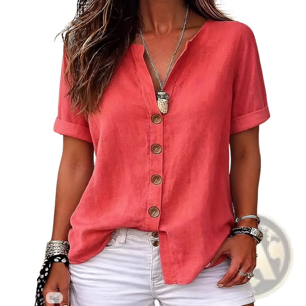 Coral-colored short sleeve button up cardigan for women with rolled cuffs and v-neckline in lightweight fabric