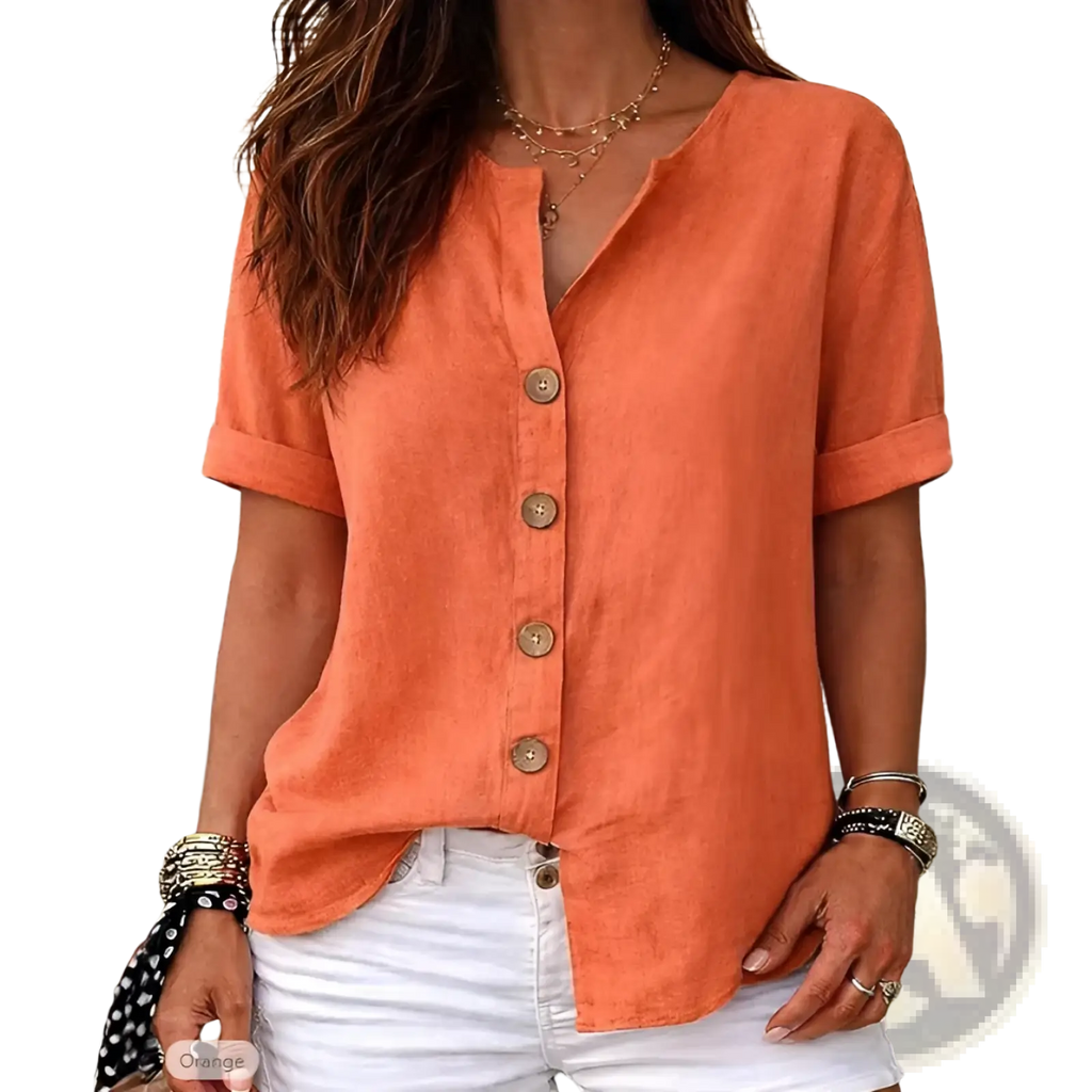 Short sleeve button up cardigan women in orange lightweight textured fabric with wooden buttons