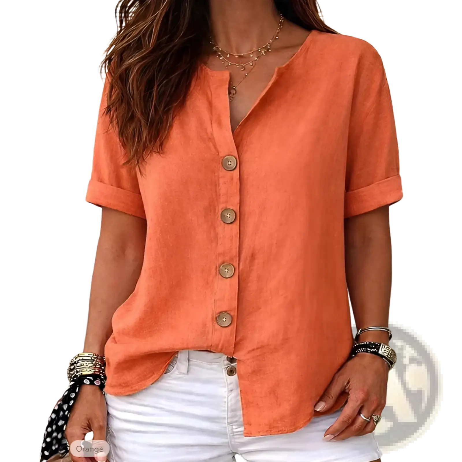 Short sleeve button up cardigan women in orange lightweight textured fabric with wooden buttons