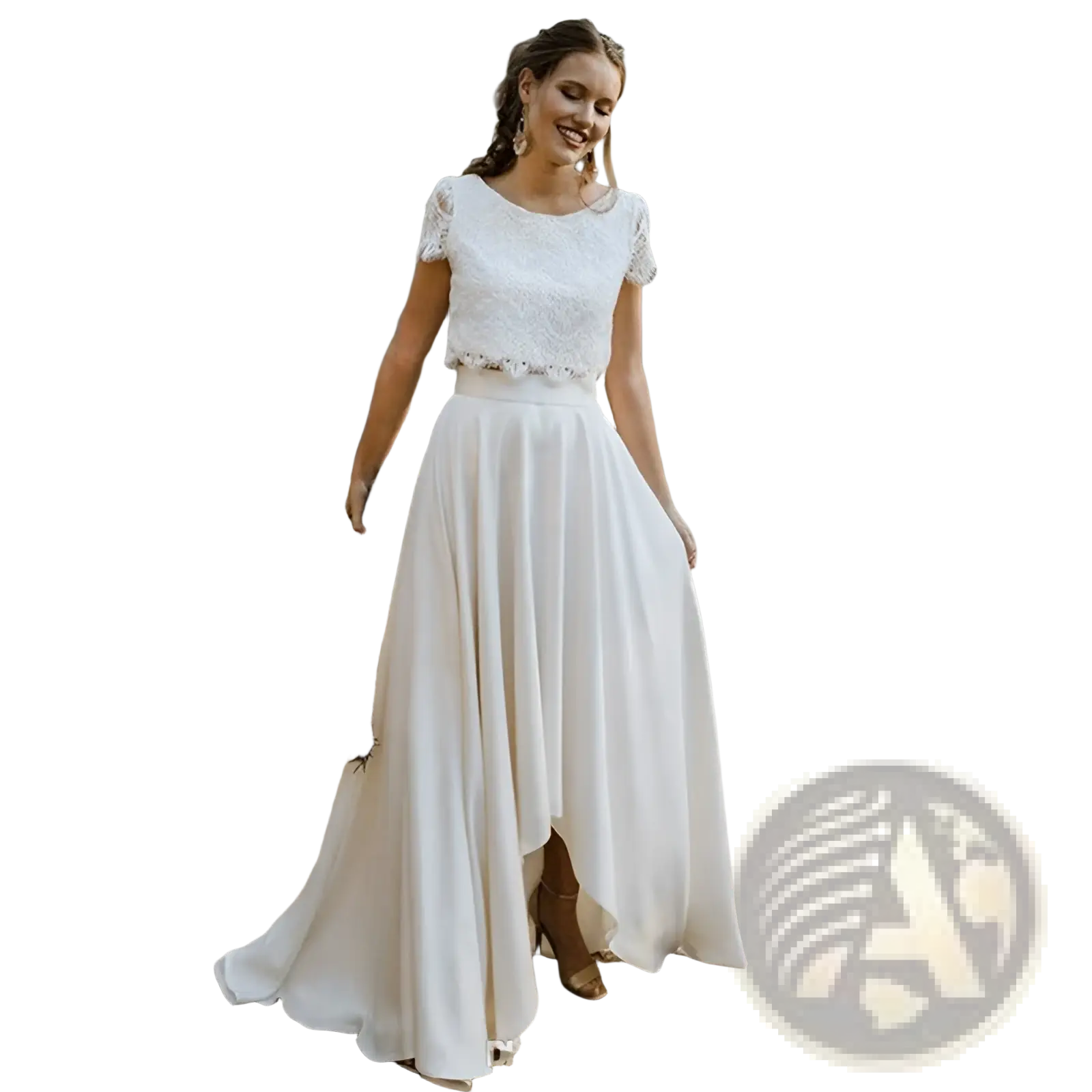White lace and satin short sleeve wedding dress with jewel neck and high-low hemline shown from the back
