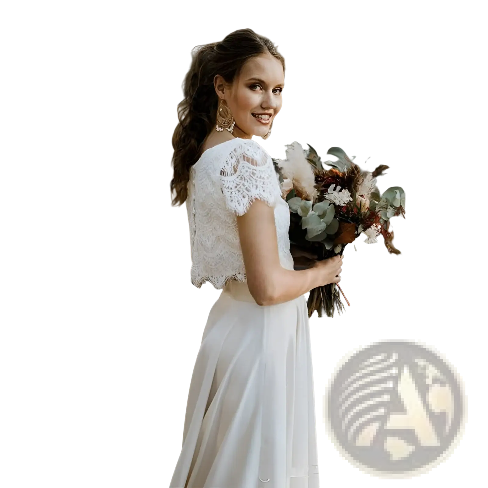 White lace wedding dress with short sleeves and a flowing skirt featuring a jewel neck design