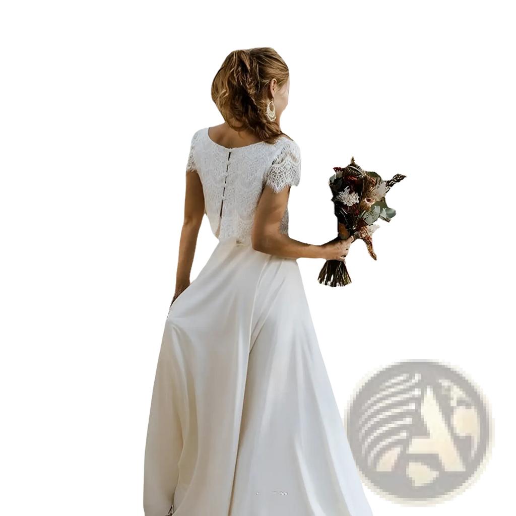 Back view of a white short sleeve jewel neck lace wedding dress with flowing smooth fabric skirt and lace detailing