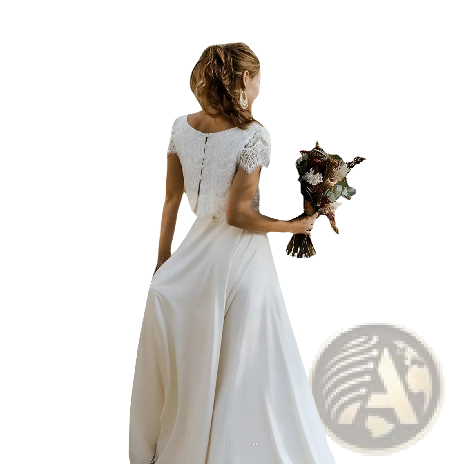 Back view of a white short sleeve jewel neck lace wedding dress with flowing smooth fabric skirt and lace detailing