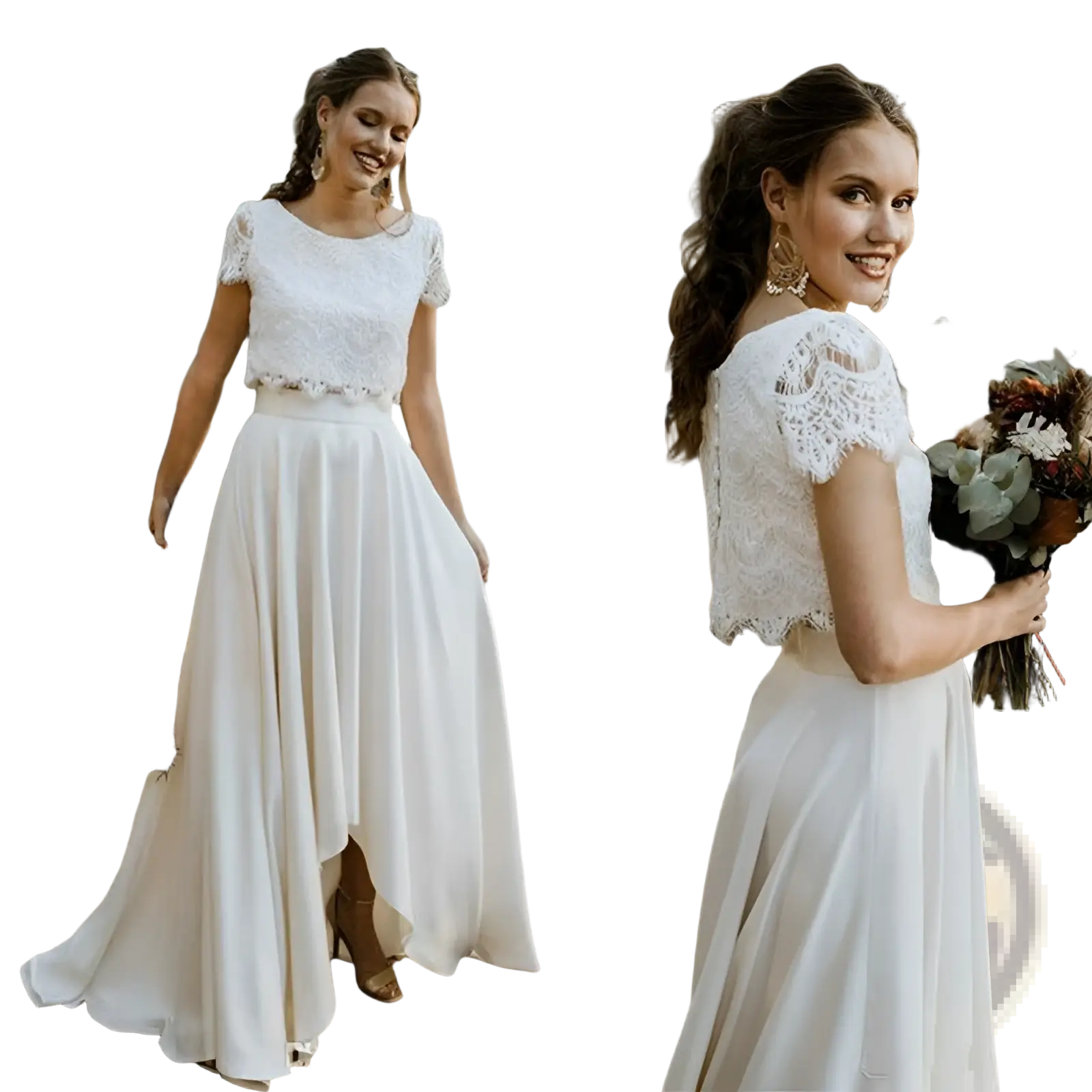 White lace crop top with short sleeves paired with high-low satin skirt in short sleeve jewel neck lace wedding dress