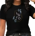 Black short sleeve round neck casual fashion t-shirt for women with white geometric hexagon design and liu jo logo