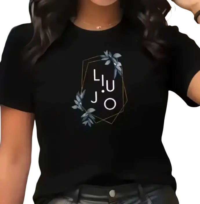 Black short sleeve round neck casual fashion t-shirt for women with white geometric hexagon design and liu jo logo