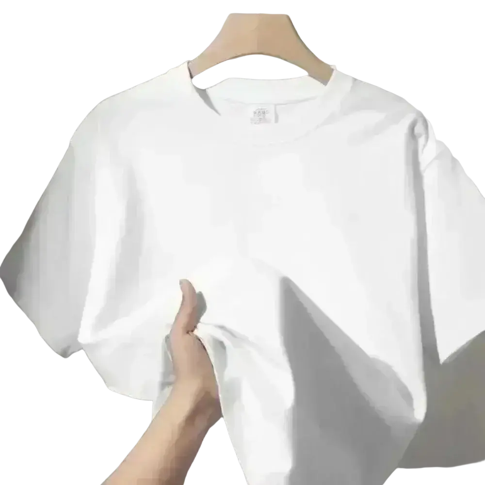 A crisp white cotton short sleeve round neck casual fashion t-shirt for women hanging on a wooden hanger