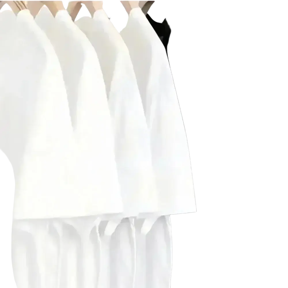 A row of minimalist white and black short sleeve round neck casual fashion t-shirts hanging on wooden hangers