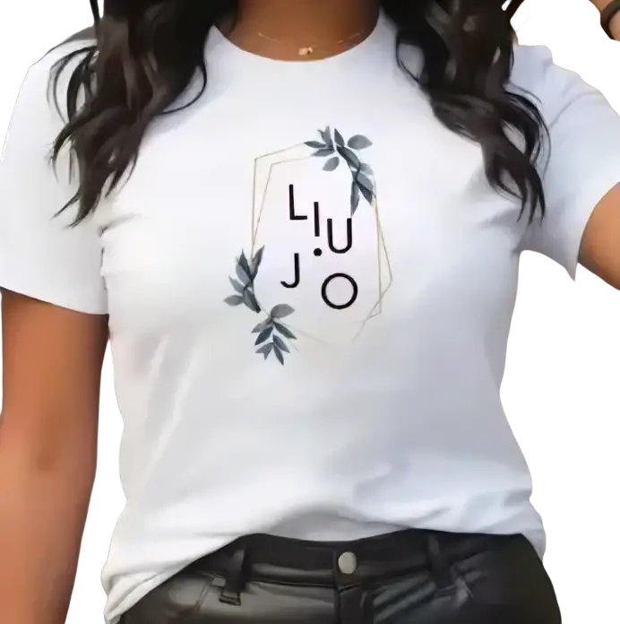 White short sleeve round neck casual fashion t-shirt for women with black and gray botanical design and liu jo logo