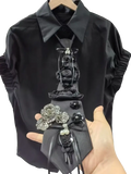 Black tie with layered fabric roses crystal flowers and beads on short sleeve shirts blouses for women girls ladies