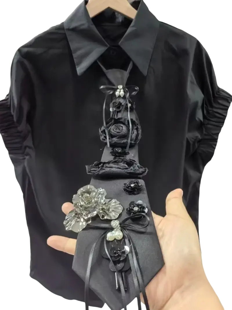 Black tie with layered fabric roses crystal flowers and beads on short sleeve shirts blouses for women girls ladies