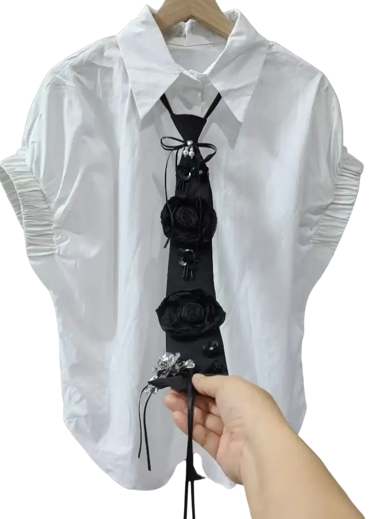 Black floral tie with satin finish and silver embellishments on short sleeve shirts blouses for women girls ladies