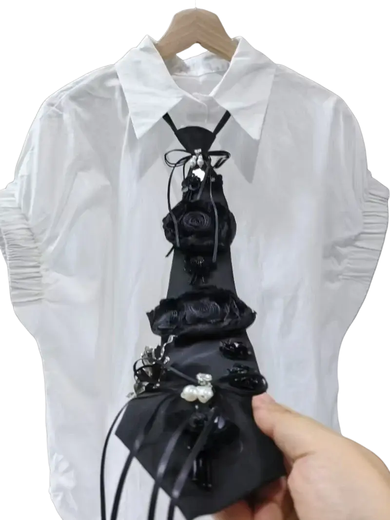 Black floral embellished tie on short sleeve shirts blouses for women with layered rose details and pearl accents