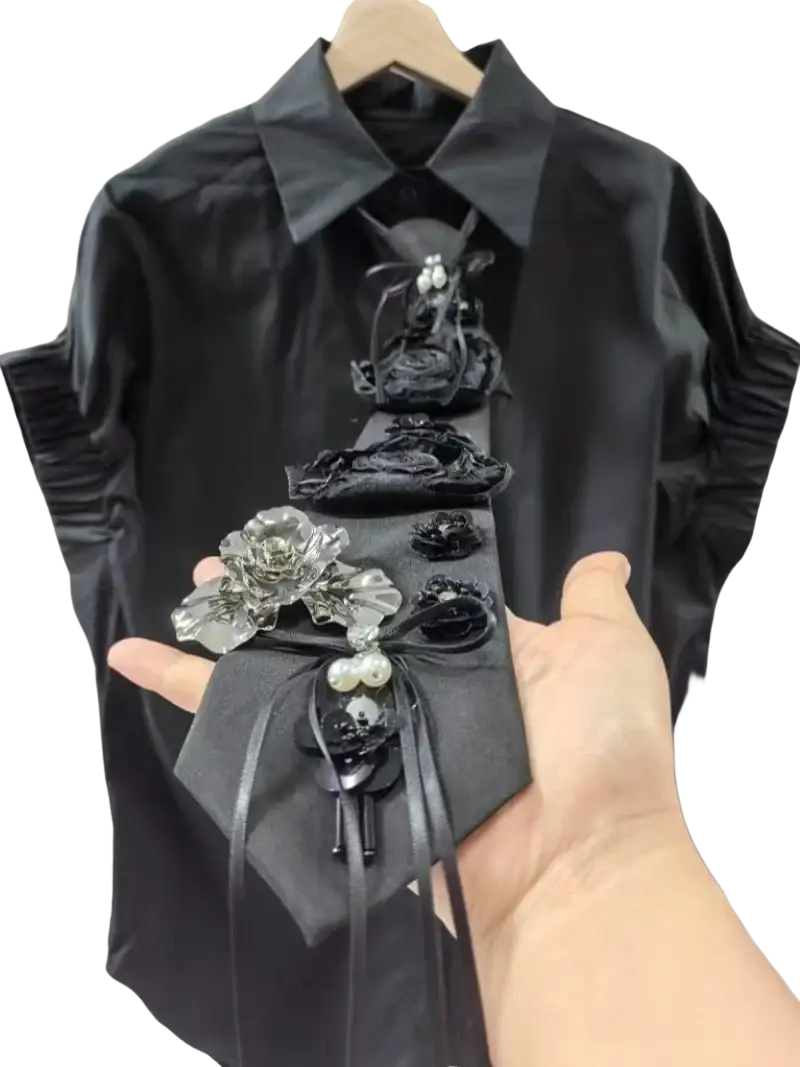 Black satin tie with layered floral embellishments and pearl accents for short sleeve shirts blouses for women