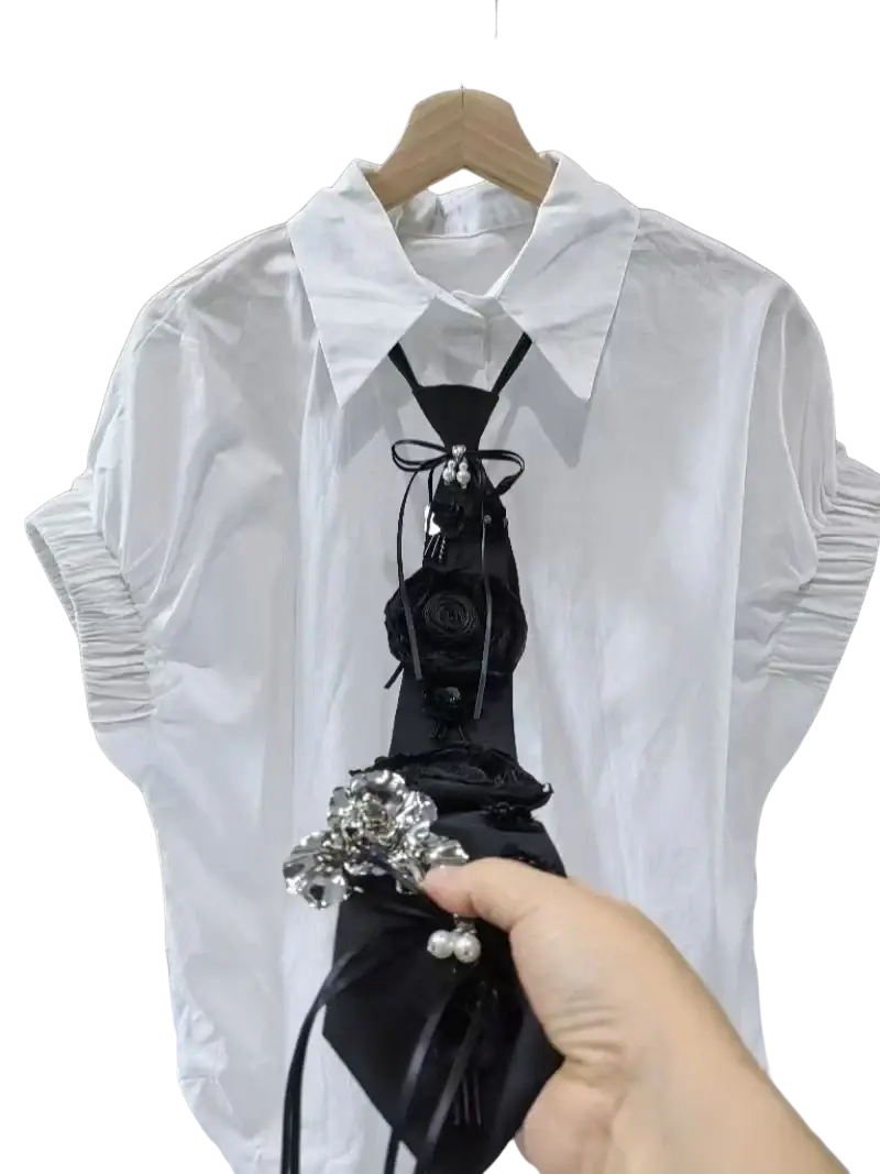 Black satin tie accessory with silver beaded floral embellishment and pearl accents for women sleeve shirts blouses