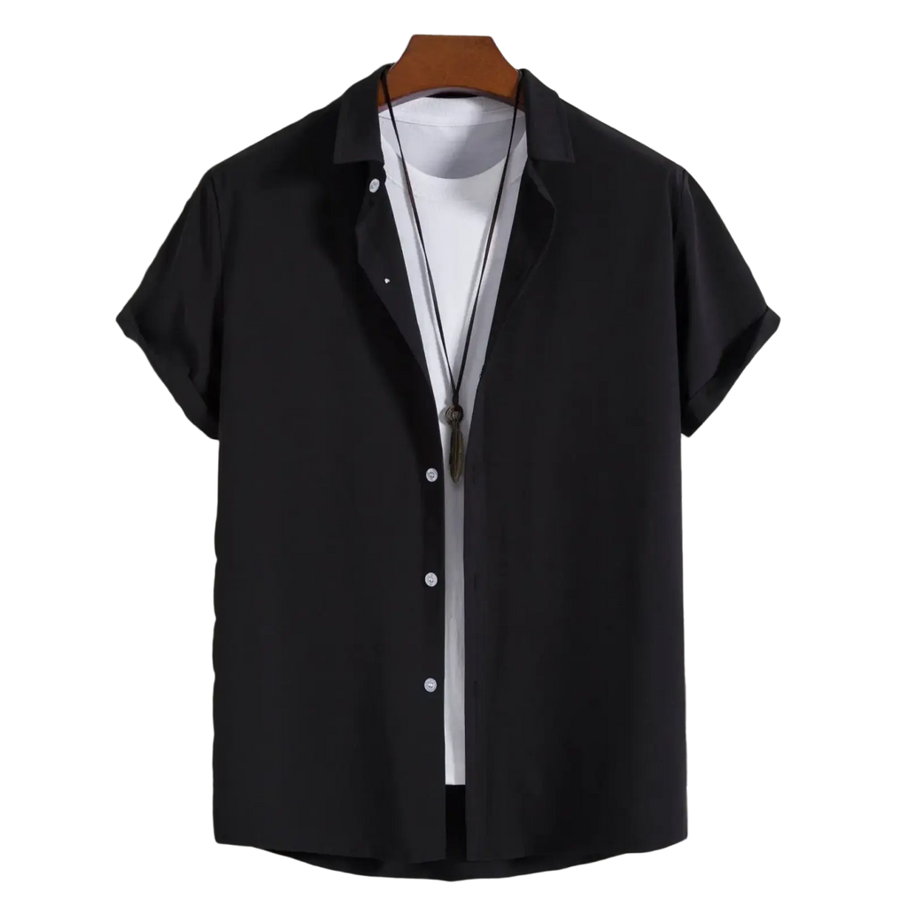Black short sleeve shirts men fashion solid casual beach shirts with collar button up displayed on wooden hanger