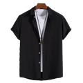 Black short sleeve shirts men fashion solid casual beach shirts with collar button up displayed on wooden hanger