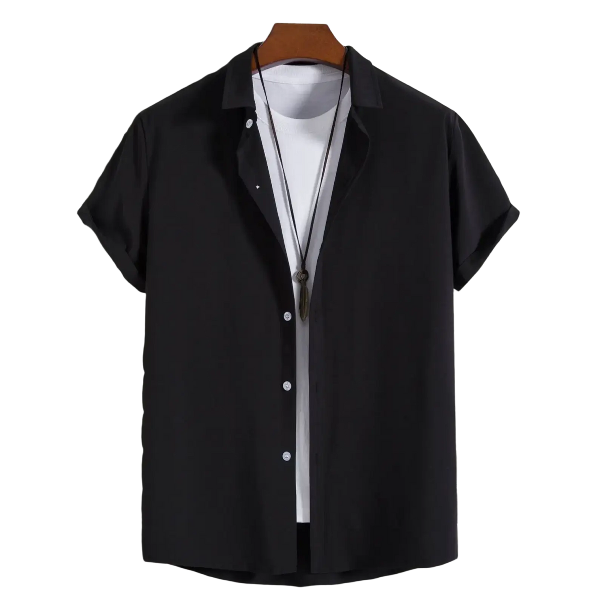 Black short sleeve shirts men fashion solid casual beach shirts with collar button up displayed on wooden hanger