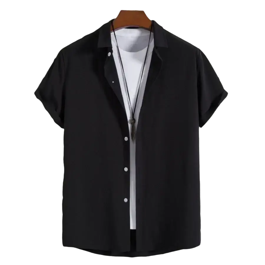 Black short sleeve shirt for men casual solid beach shirts with collar displayed on wooden hanger