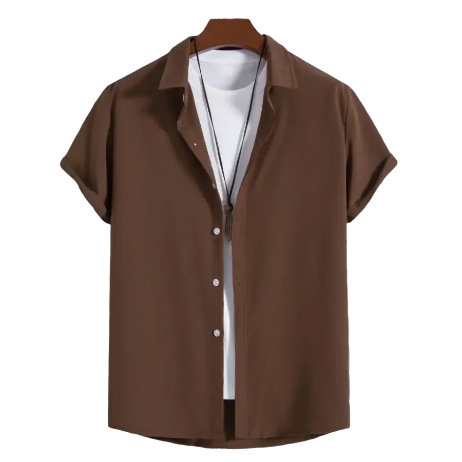 Brown short sleeve shirts men casual solid beach shirts with button up collar worn over white t shirt