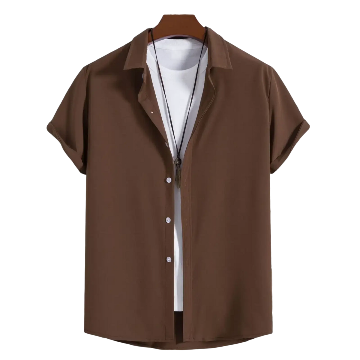 Brown short sleeve solid button up shirt for men fashion beach shirts displayed on wooden hanger over white t shirt