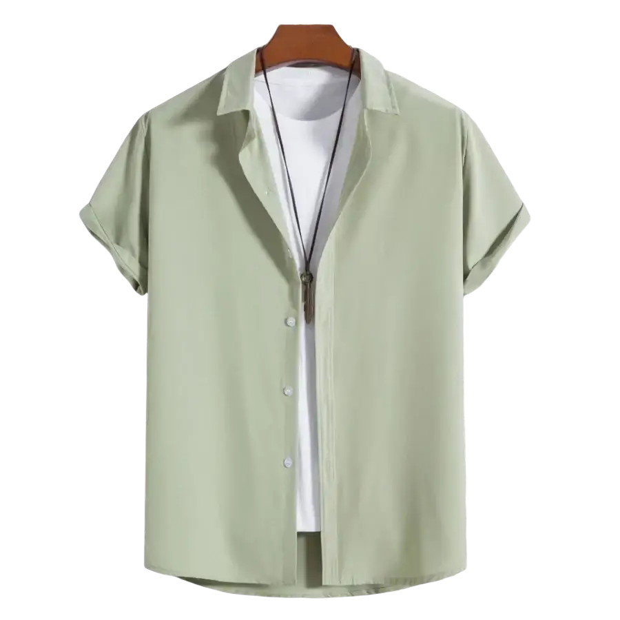 Light green short sleeve shirts men fashion solid with collar and white inner layer ideal for casual beach shirts