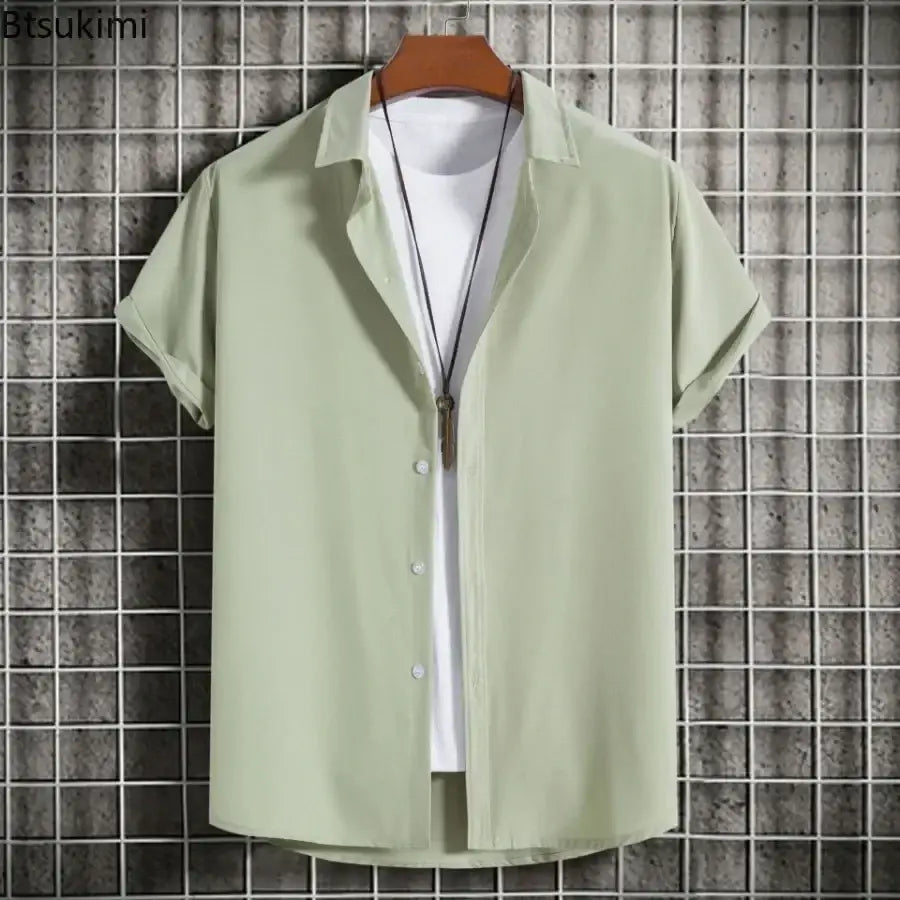 Light green short sleeve shirts men fashion solid with collar and white inner layer ideal for casual beach shirts