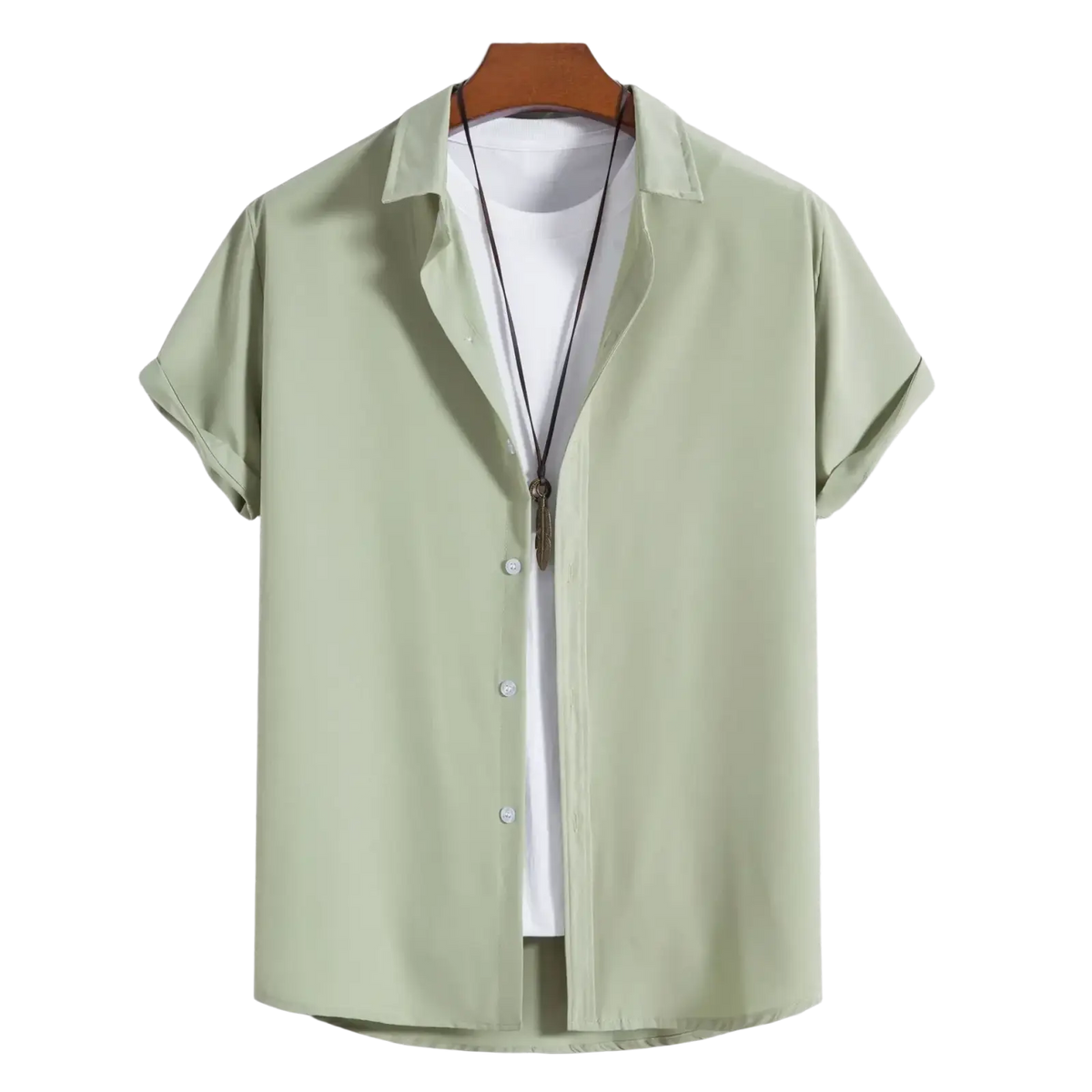 Light green short sleeve shirt for men fashion solid beach shirts hanging on wooden hanger