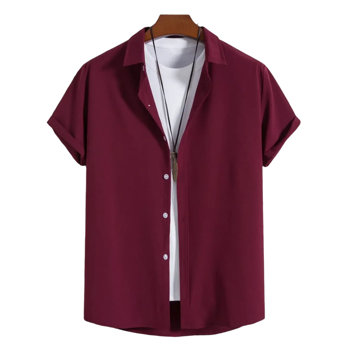Maroon short sleeve shirts men fashion solid casual button up with collar and white buttons over white t shirt beach shirts