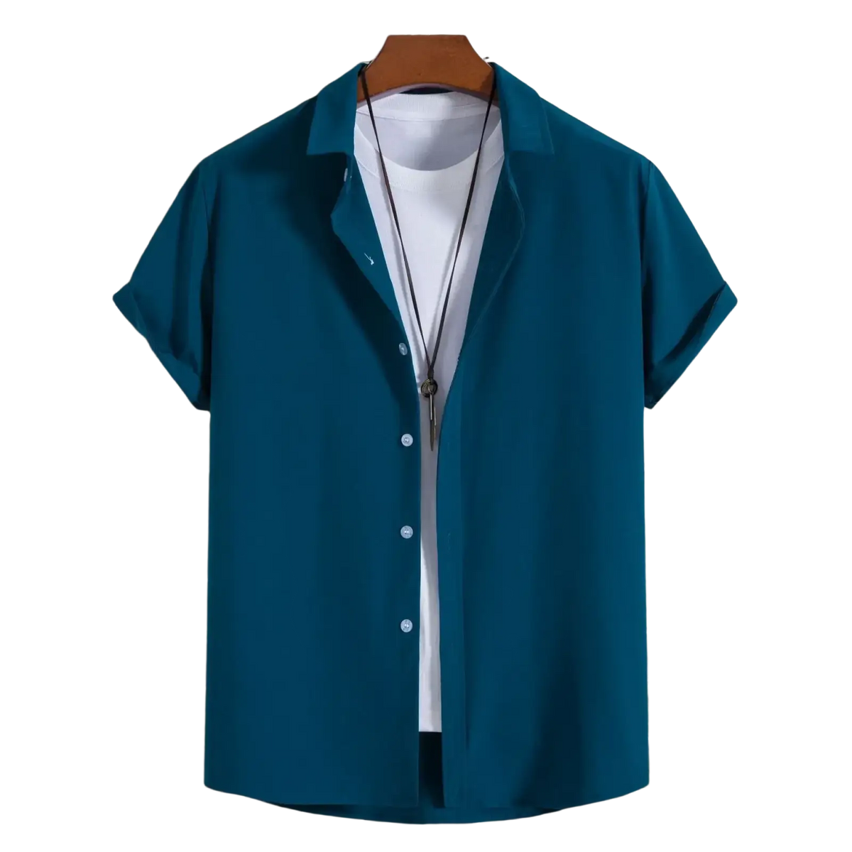 Teal short sleeve shirt for men casual solid beach shirts button up worn over white t-shirt on wooden hanger