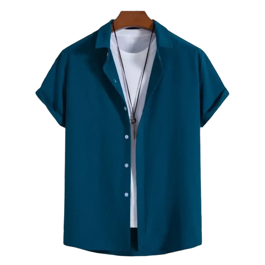Teal short sleeve button-up shirt with collar worn over white t-shirt on wooden hanger for men fashion solid beach shirts