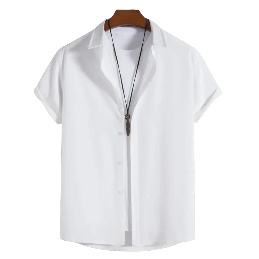 White short sleeve shirt for men fashion solid with classic collar on wooden hanger ideal for casual beach shirts