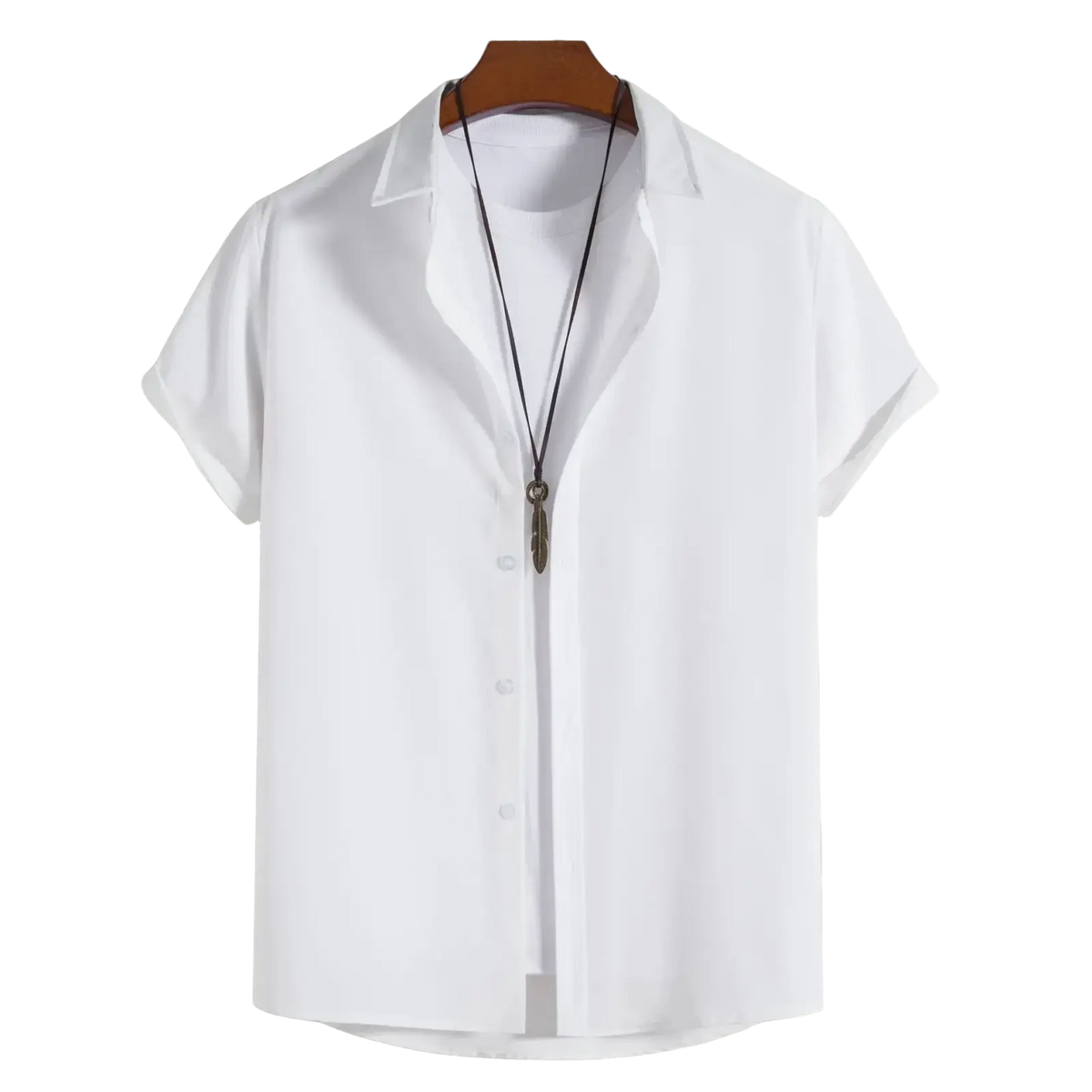 White short sleeve shirts men casual solid with classic collar hanging on wooden hanger ideal for beach shirts fashion