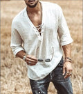 Men’s white linen short sleeve shirt with v neck and lace up front for a casual stylish look