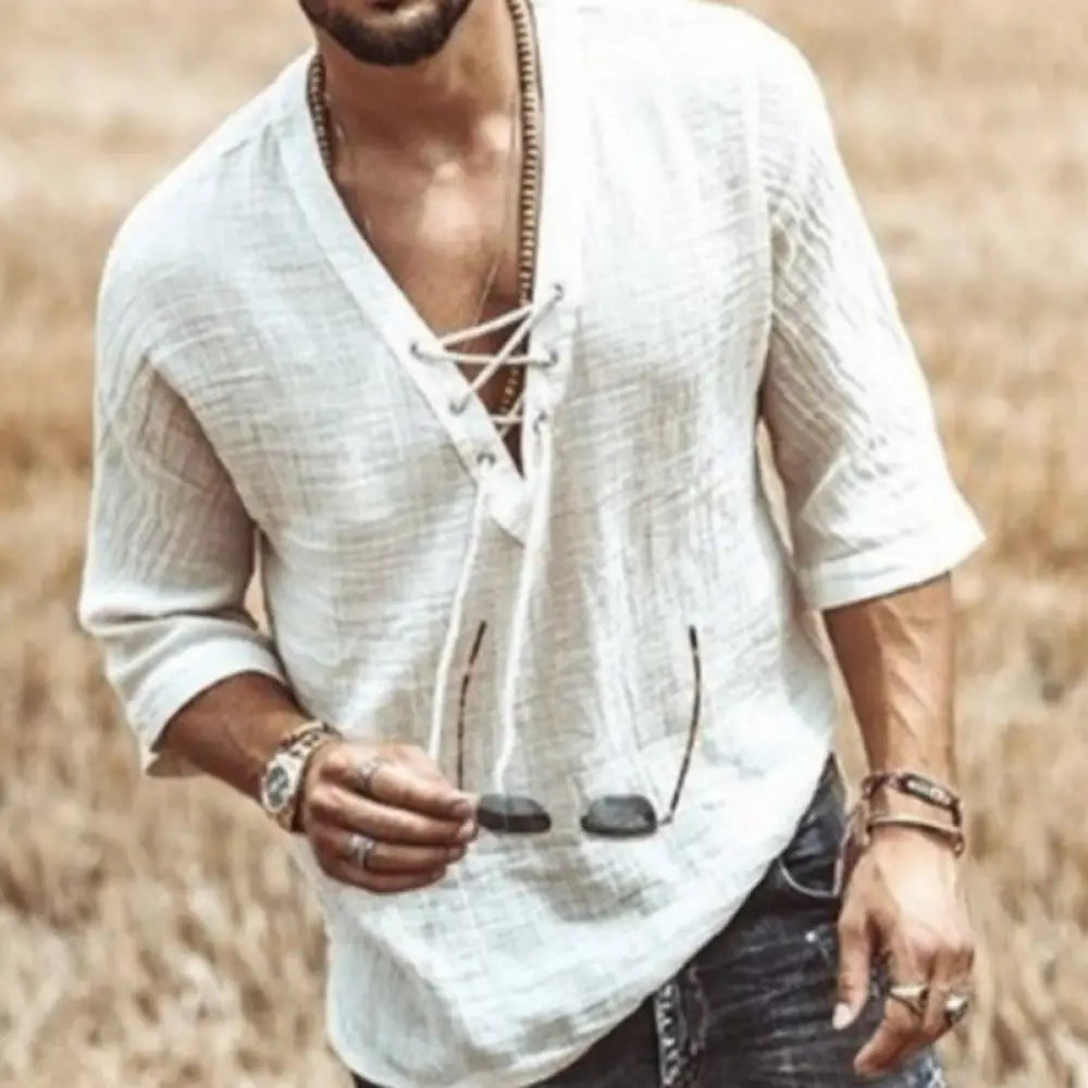 Men’s white linen short sleeve shirt with v neck and lace up front detail for casual wear