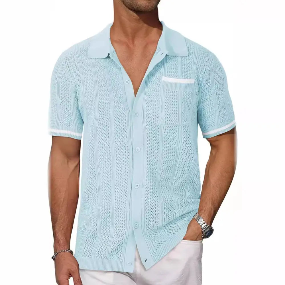 Men’s beige hollow knit short sleeve cardigan shirt shown as light blue knitted polo with white trim on collar sleeve cuffs pocket