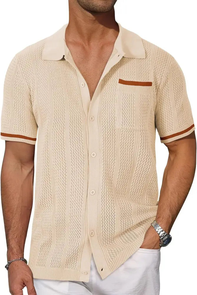 Men’s beige hollow knit short sleeve cardigan shirt featuring a beige knit polo with brown trim on collar cuffs and pocket