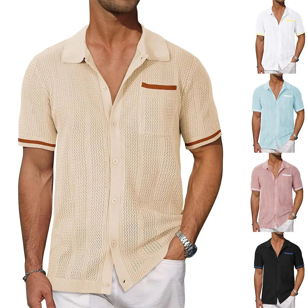 Men’s beige hollow knit short sleeve cardigan shirt featuring brown trim on collar sleeve cuffs and pocket