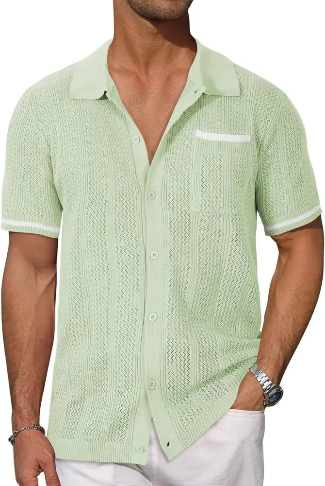 Men’s beige hollow knit short sleeve cardigan shirt with light green polo shirt featuring white trim on collar and cuffs