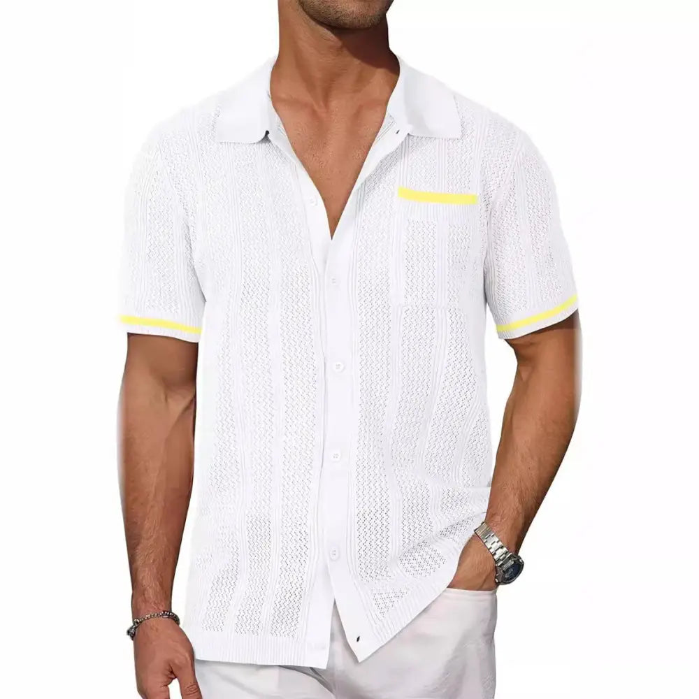 Men’s beige hollow knit short sleeve cardigan shirt with white knit polo-style front and yellow trim on collar and cuffs