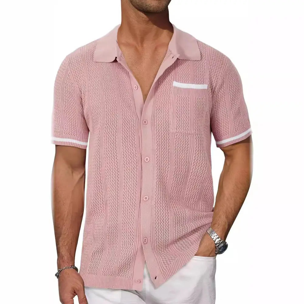 Men’s pink short-sleeved knit polo shirt with white trim and matching pocket complementing beige hollow knit cardigan