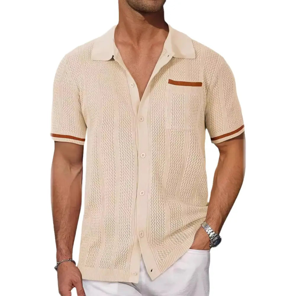 Men’s beige hollow knit short sleeve cardigan shirt featuring brown trim on collar sleeve cuffs and pocket