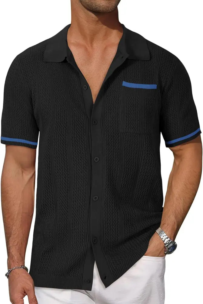 Men’s beige hollow knit short sleeve cardigan shirt with black polo featuring blue trim on collar sleeve cuffs and pocket