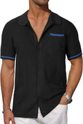 Men’s beige hollow knit short sleeve cardigan shirt with black polo featuring blue trim on collar sleeve cuffs and pocket