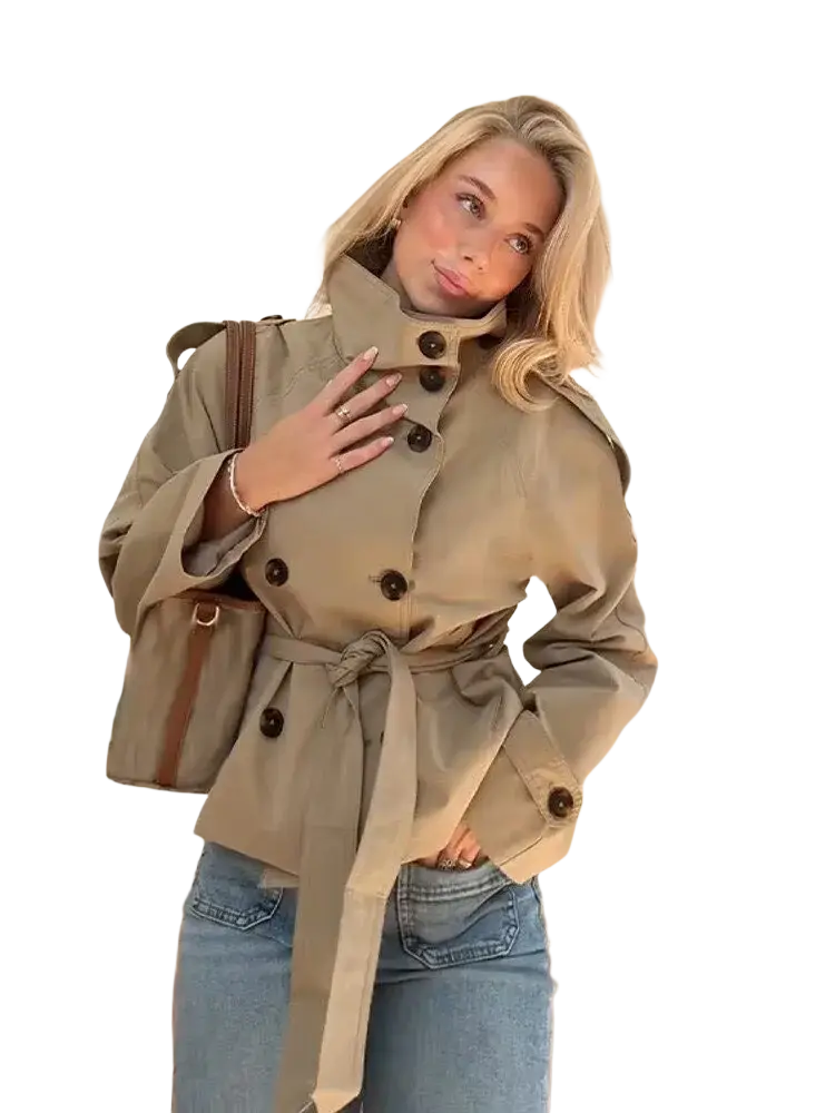 Beige short trench coat women double breasted streetwear with dark brown buttons and matching belt visible from the back