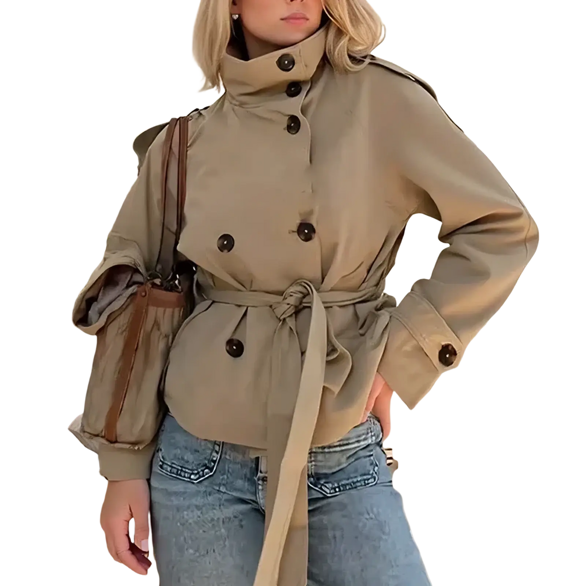 Short trench coat for women in beige with dark brown buttons and matching belt featuring a double breasted design