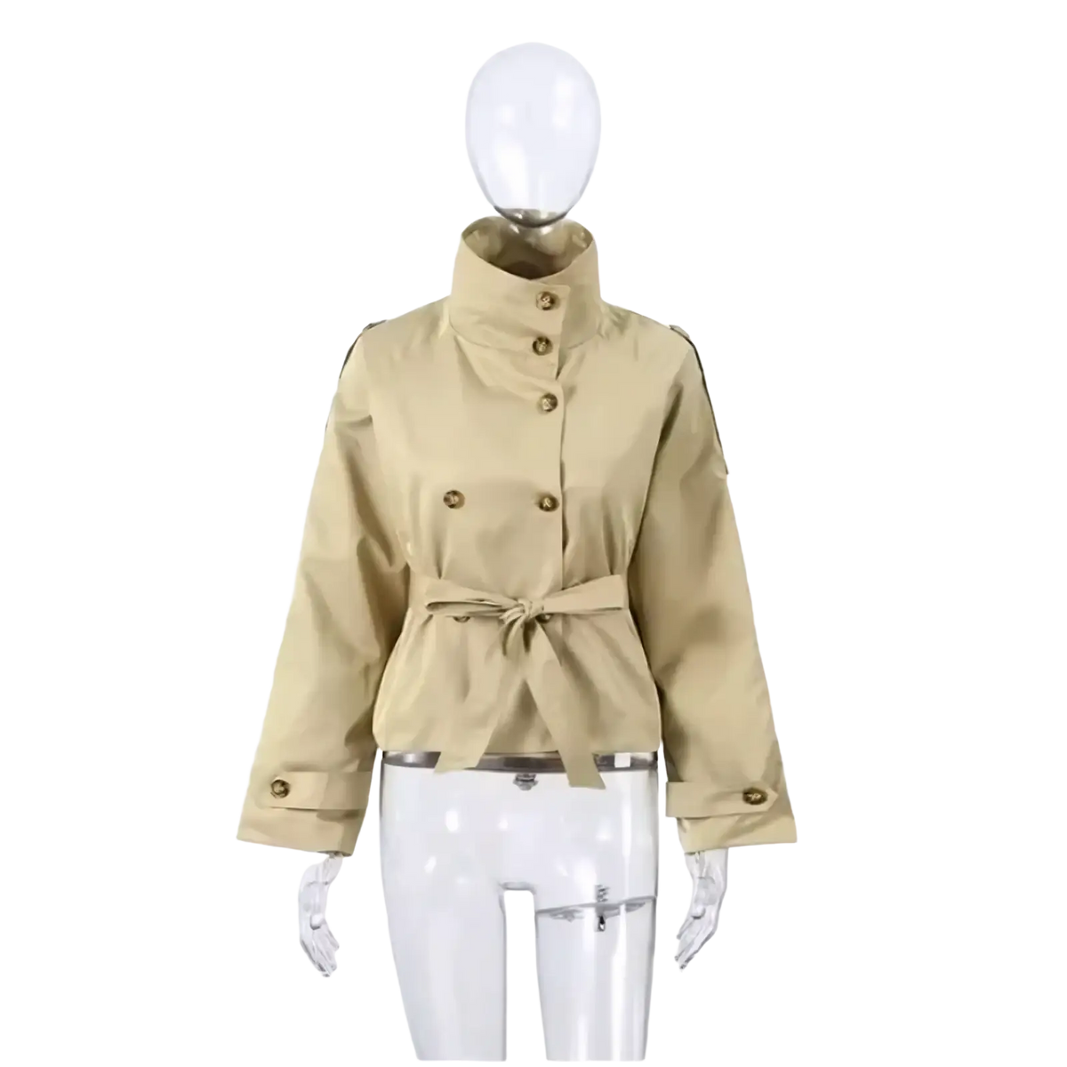 Beige short trench coat for women with high collar, double-breasted front, and matching belt tied at the waist